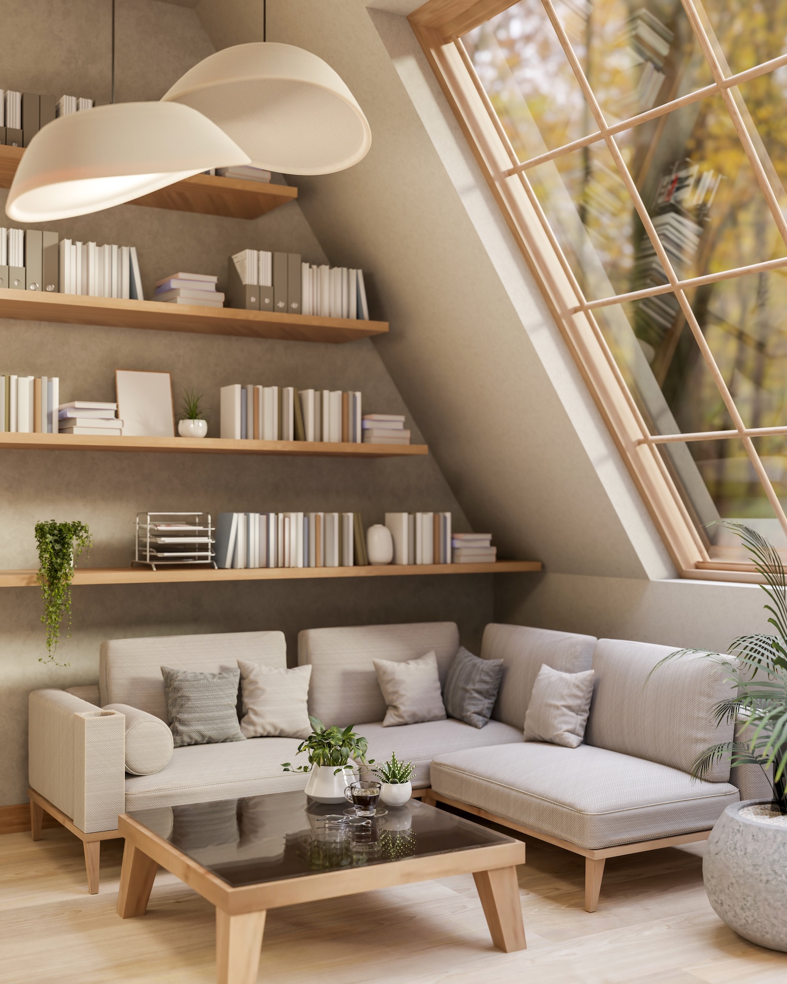 Fabric sofas with cushion and a square table under a large roof window in living room or study room. Cosy house Interior. 3D Rendering, 3D Illustration.