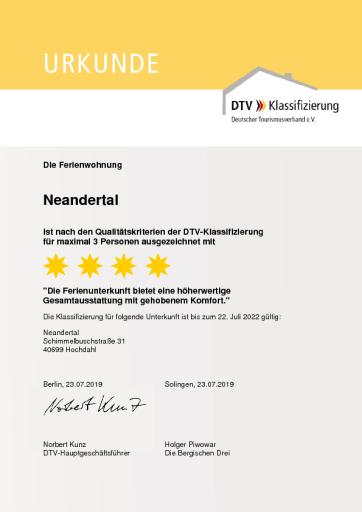 Sterneklassifizierung Besotel Ferienwohnung Neandertal vier Sterne DTV Sterneunterkunft Neanderland